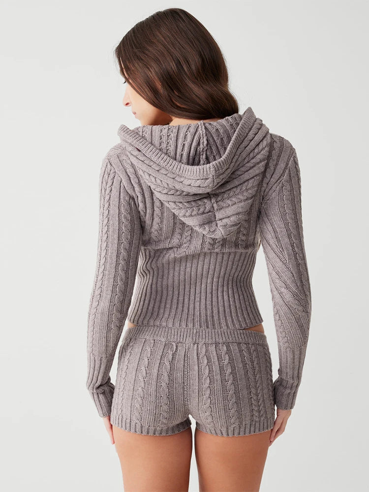 Knitted Hoodie & Shorts Two Piece Set