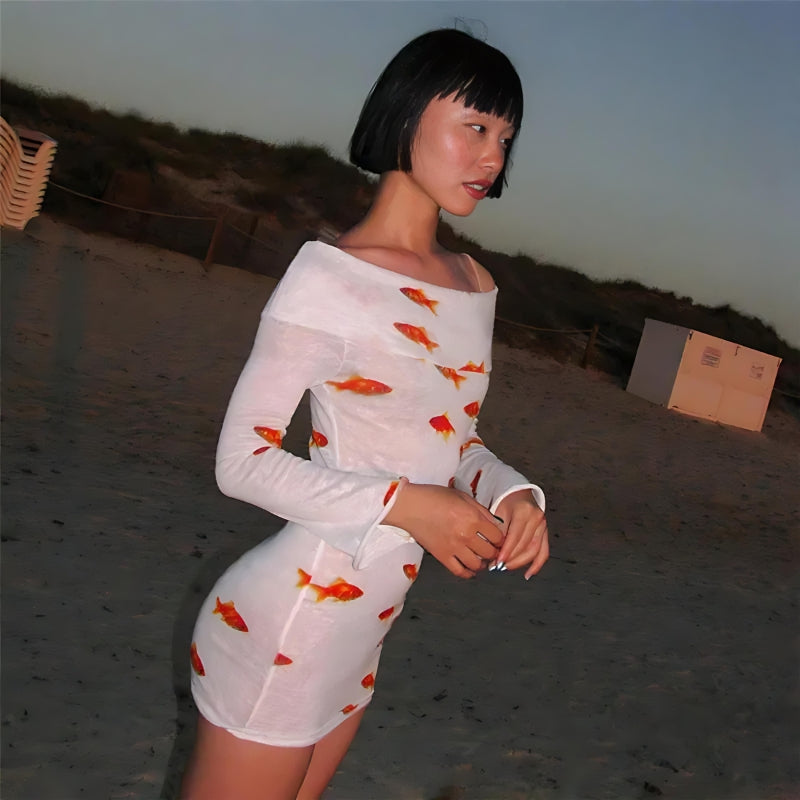 fish mini dress Koi Fish Printed Mesh Mini Dress