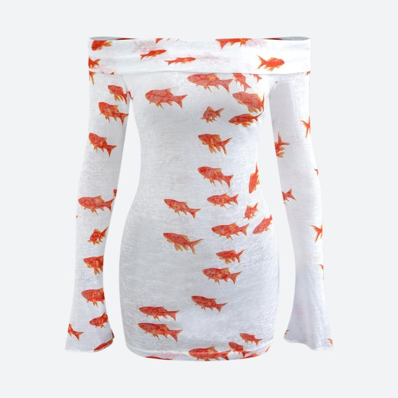 Koi Fish Printed Mesh Mini Dress