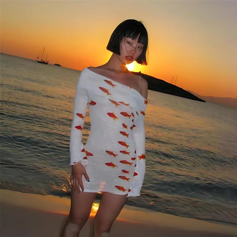 Koi Fish Printed Mesh Mini Dress - Litlookz Studio