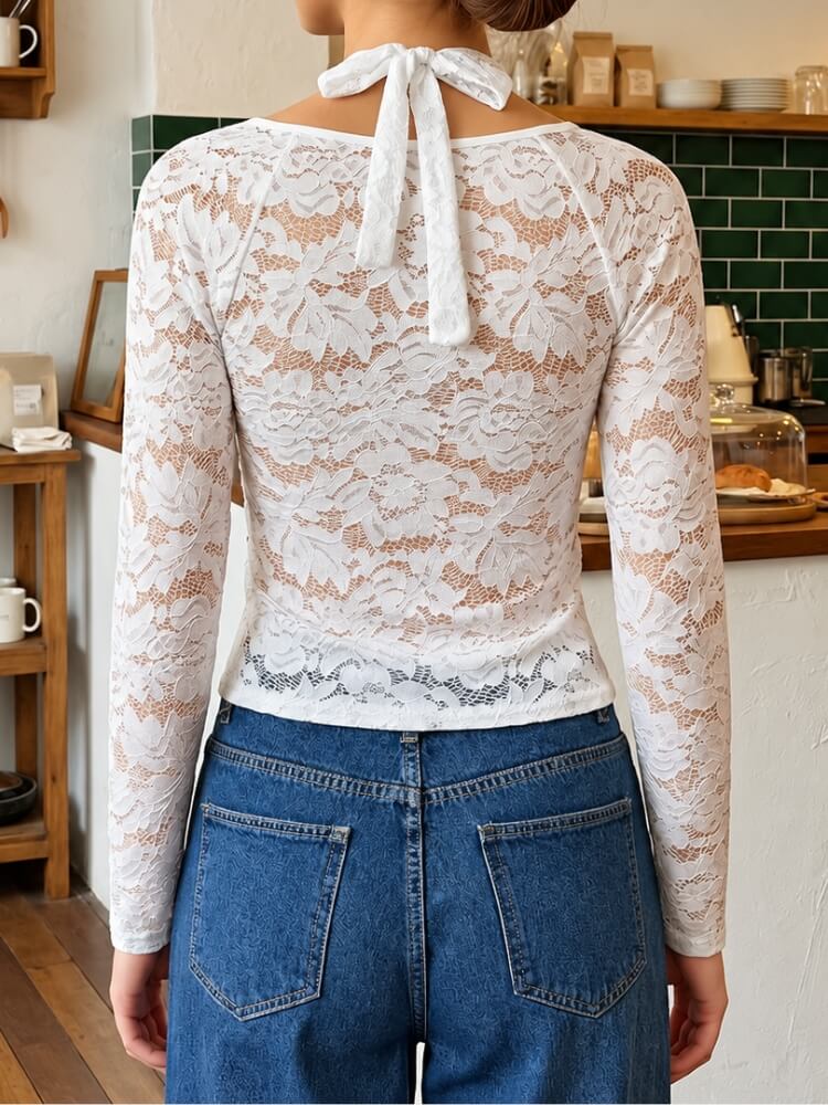 Lace Keyhole Long Sleeve Top