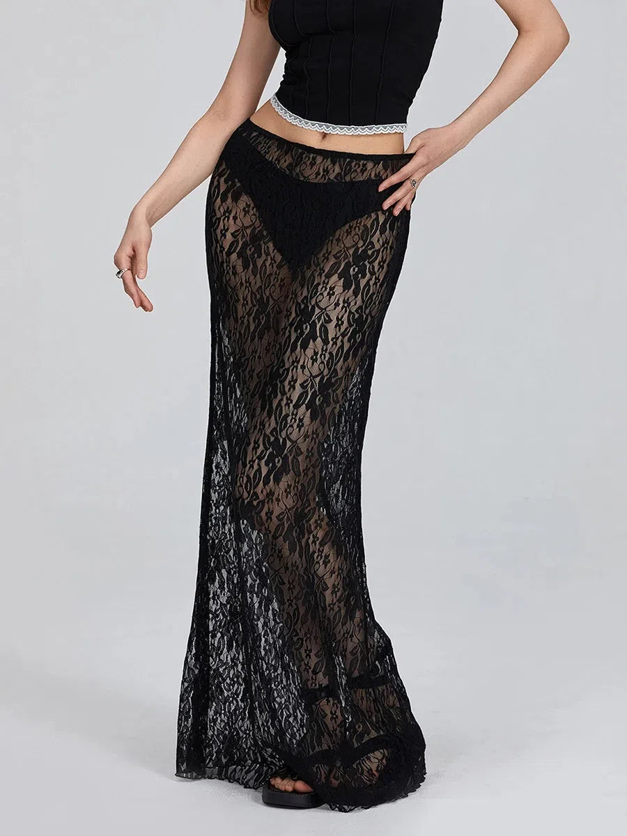 スカート LIG. sheer volume skirt BLK Lace Sheer Low Rise Maxi Skirt - Litlookz Studio