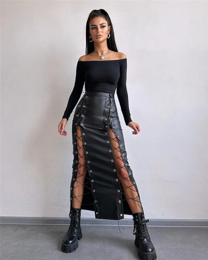 Shop Lace-Up Faux Leather Midi Skirt