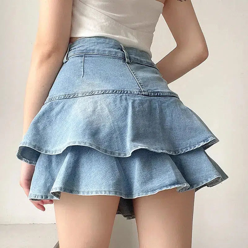 Layered Ruffled Denim Mini Skirt