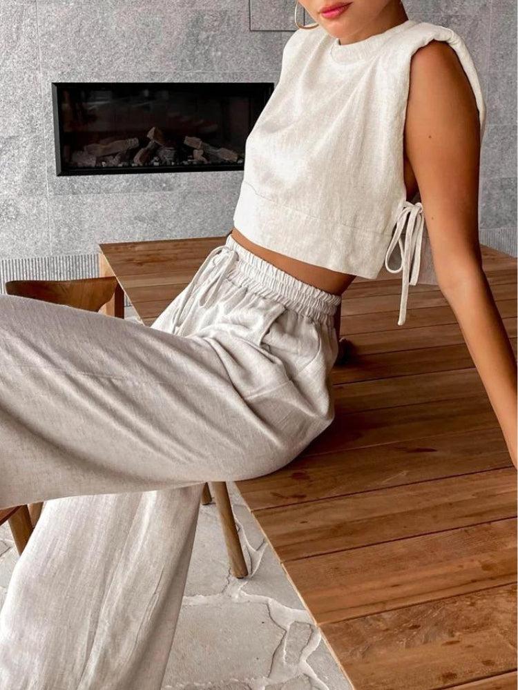 Linen Lace Up Crop Top & Pants Two Piece Set