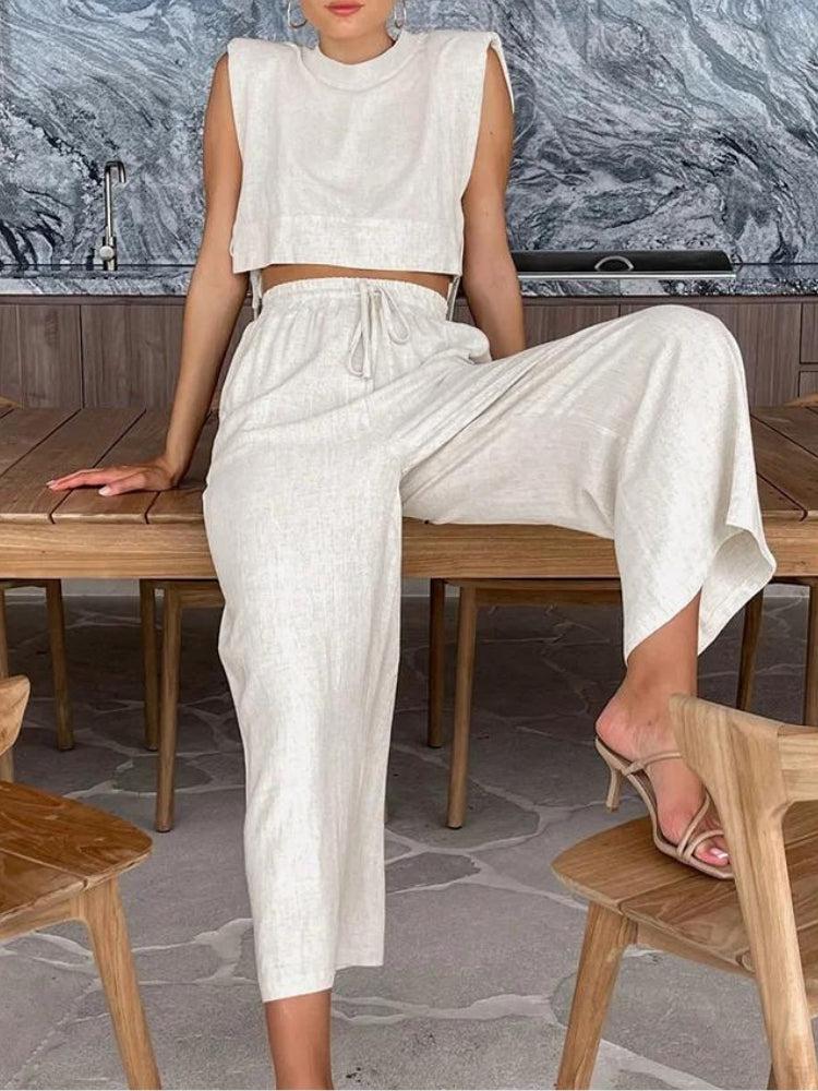 Linen Lace Up Crop Top & Pants Two Piece Set - Litlookz Studio