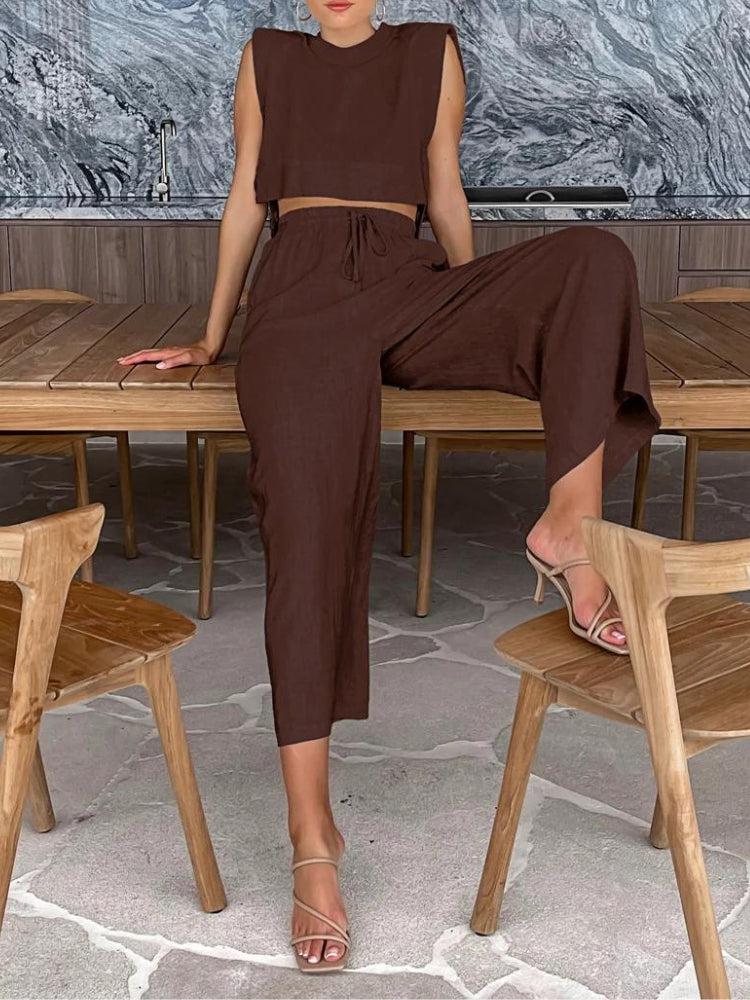 Linen Lace Up Crop Top & Pants Two Piece Set - Litlookz Studio