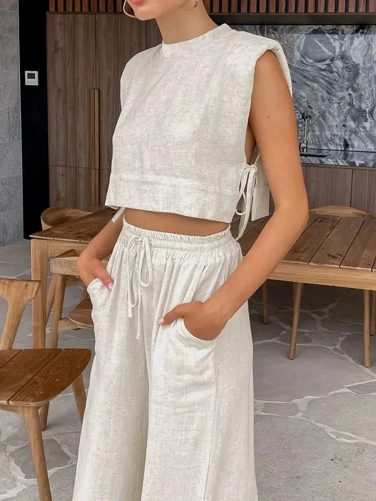 Linen Lace Up Crop Top & Pants Two Piece Set