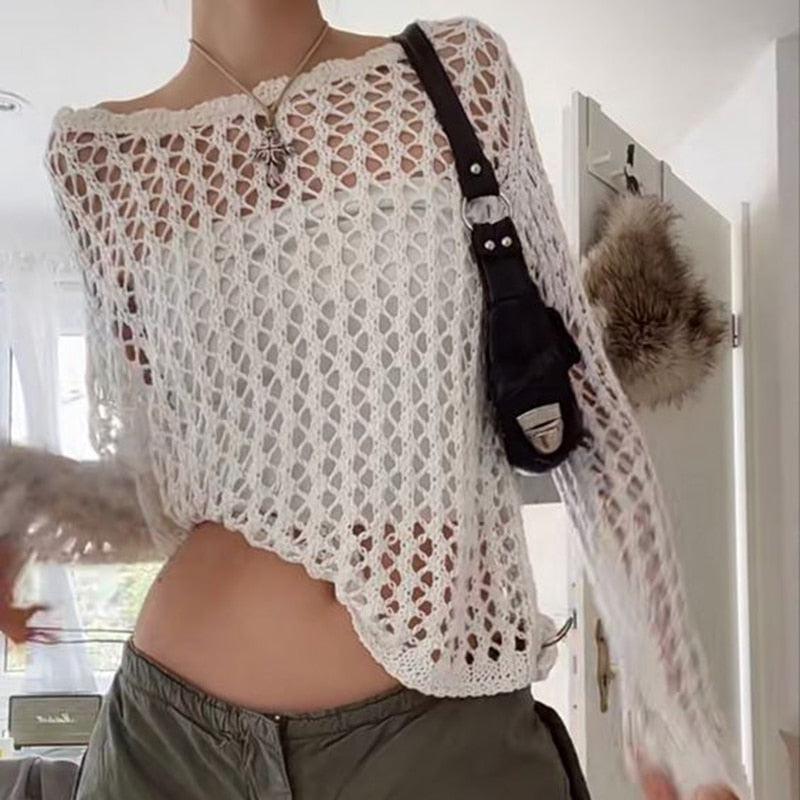 Fishnet Square Pattern Top Long Sleeve Fishnet Top - Litlookz Studio