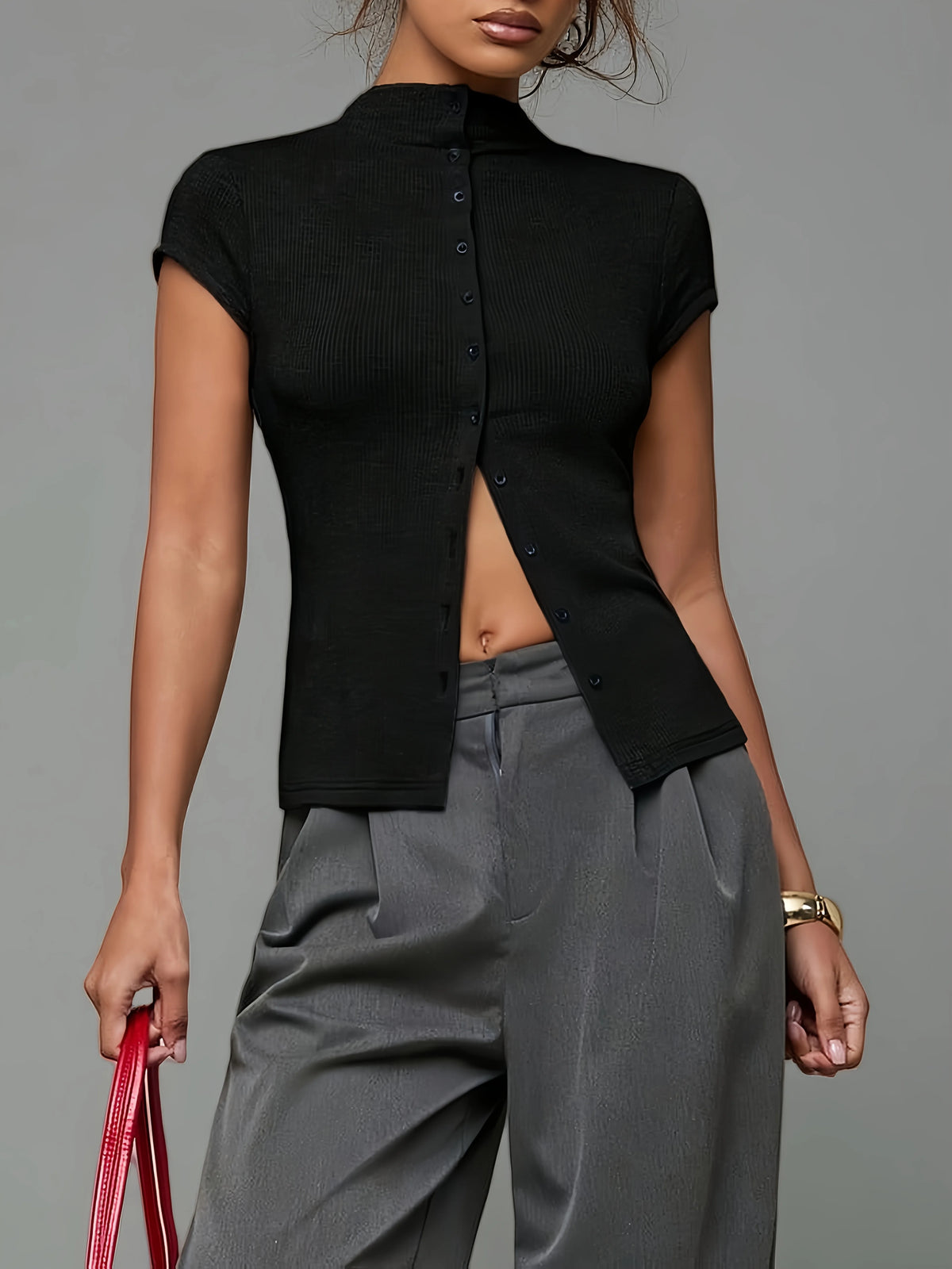 Mock Neck Button Top