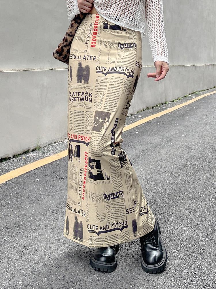 Newspaper Printed Maxi Skirt