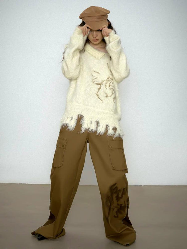 Distressed Knit Sweater with Minimal Detailing - Beige