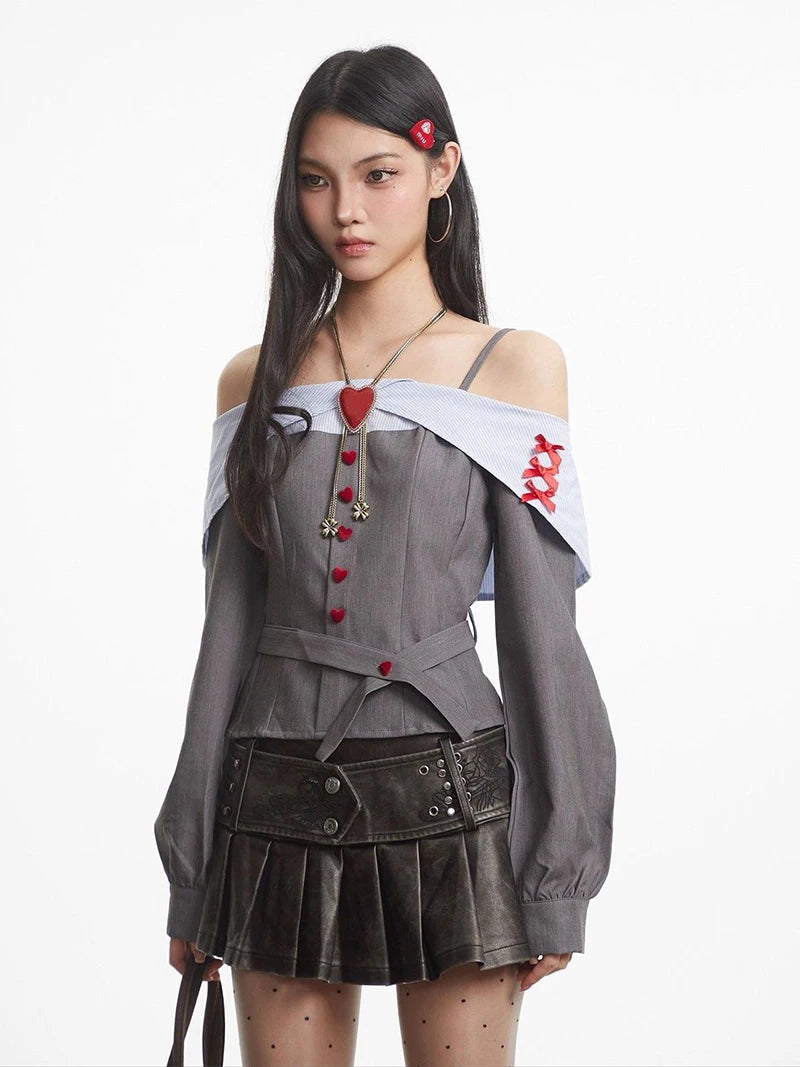 Off Shoulder Heart Button Shirt