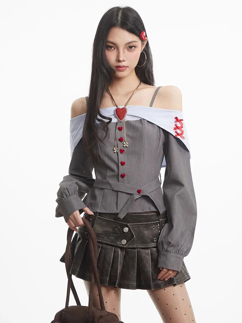 Off Shoulder Heart Button Shirt