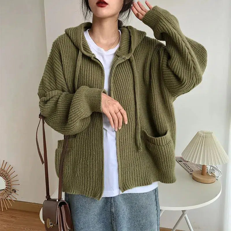 Oversized Knitted Hooded Cardigan Green S