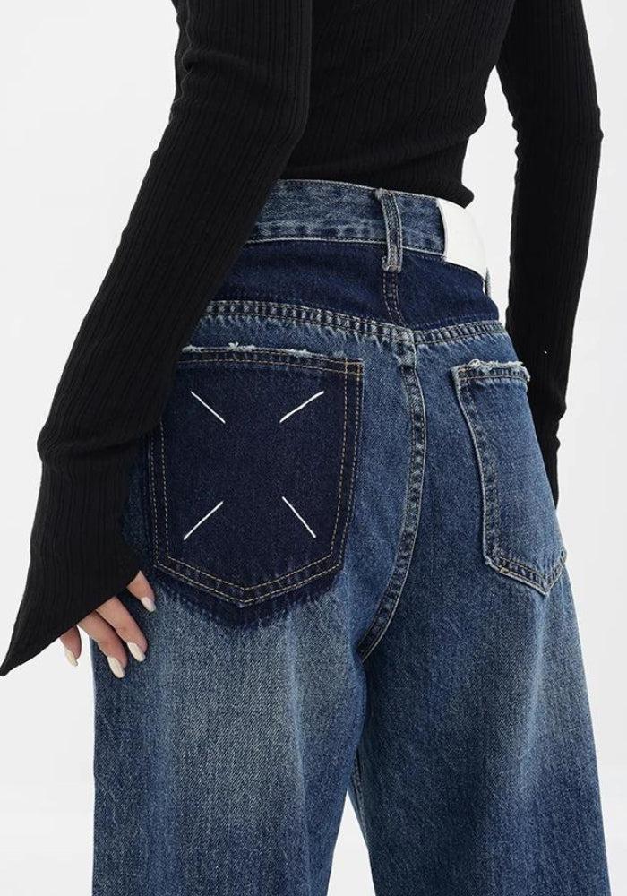 Patch Pocket Straight Leg Denim Jeans