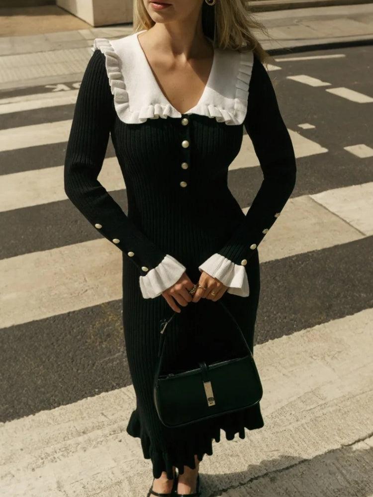 open lace back dress Peter Pan Collar Ribbed Midi Dress