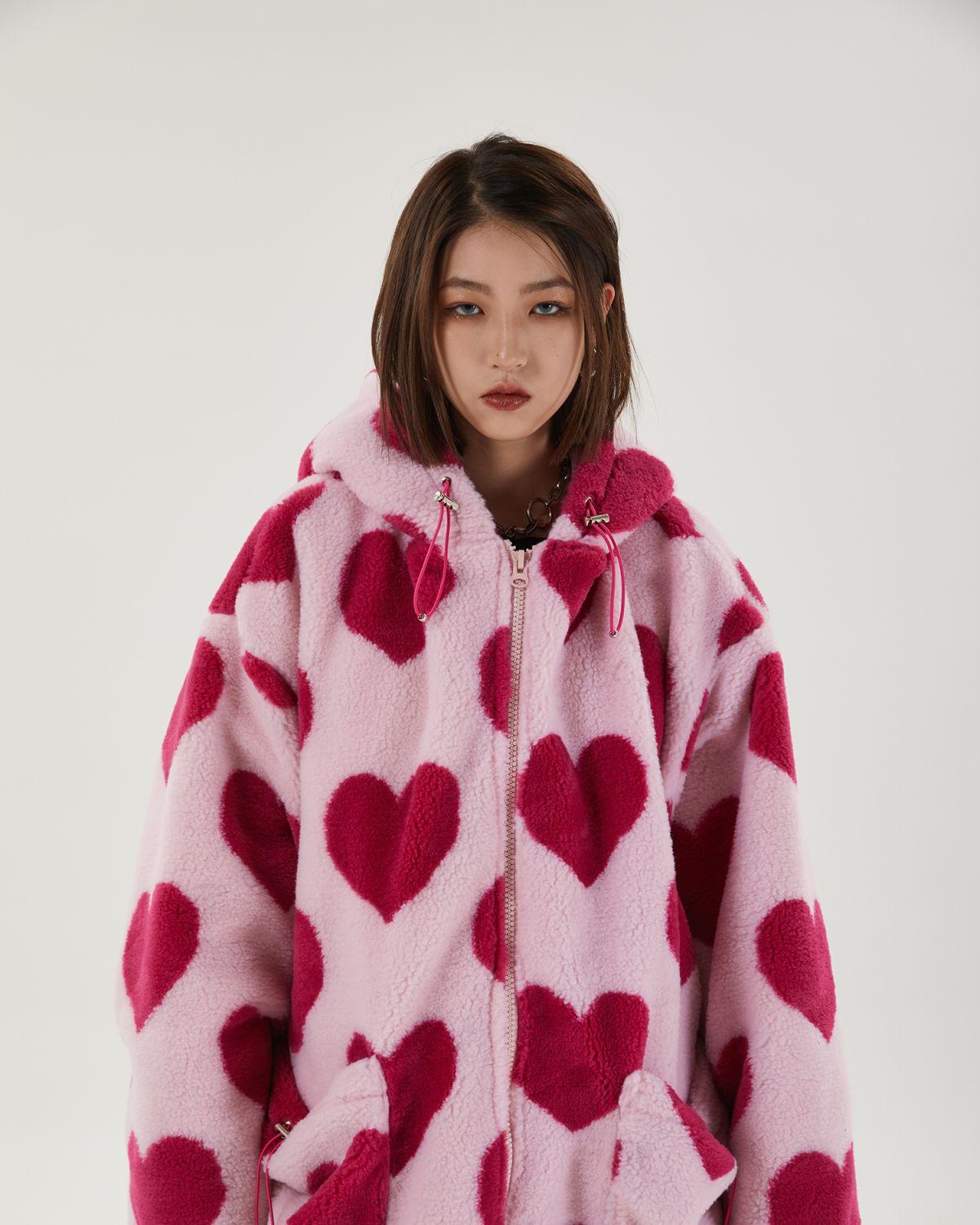 Pink Heart Pattern Hooded Jacket