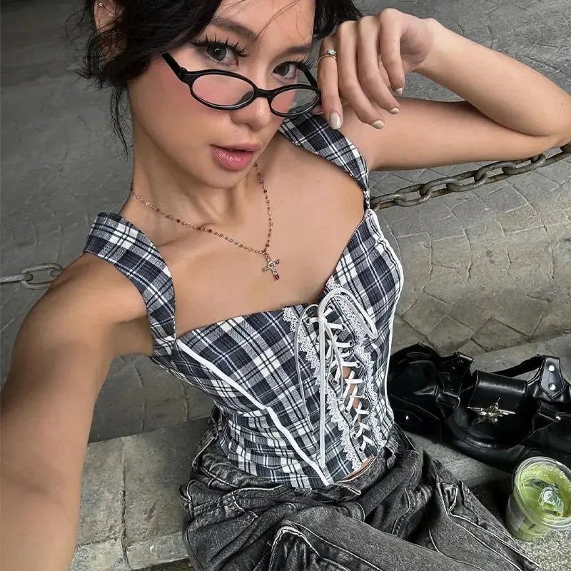 Plaid Lace Up Top