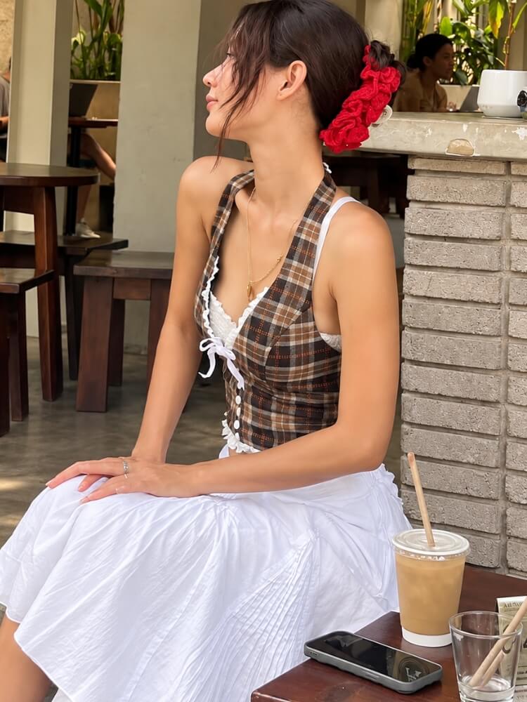 Plaid Ribbon Halter Top