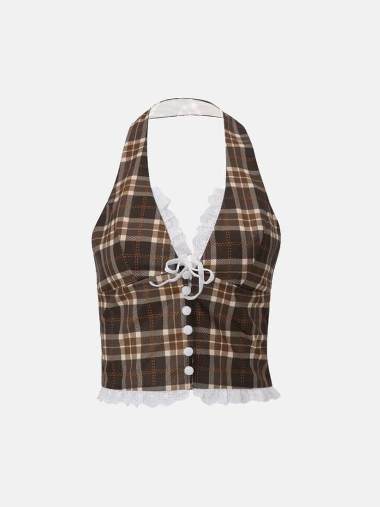 Plaid Ribbon Halter Top