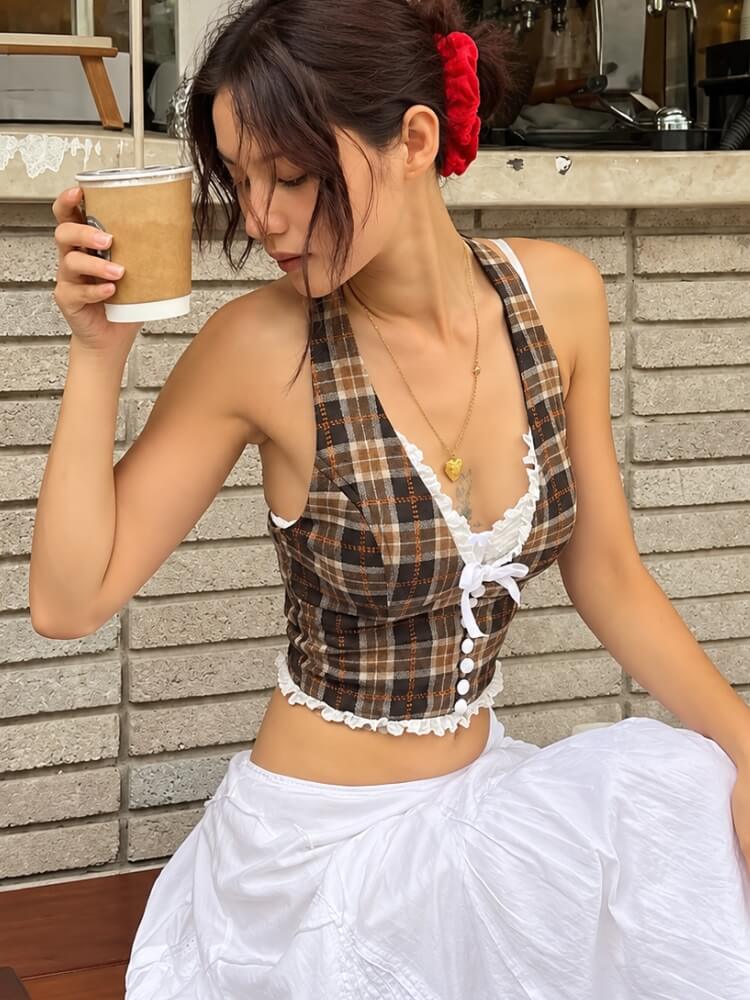Plaid Ribbon Halter Top