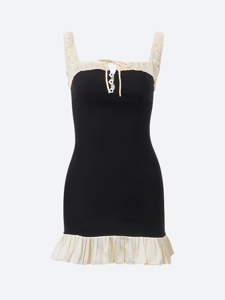 pleated hem mini dress Military Style Cap Sleeve High Neck Patchwork Pleated Hem Mini Dress roschic
