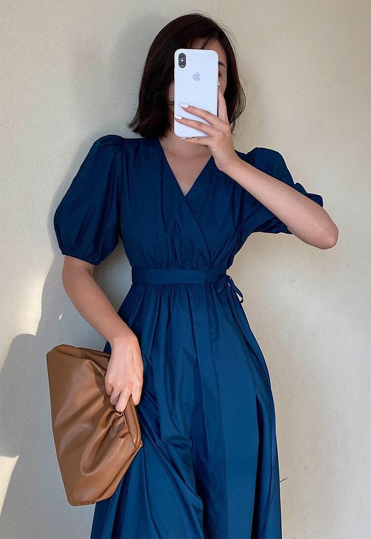knee length dresses for ladies Drew Puff Sleeve Wrap Front Midi Dress Sky Blue – Girl In Mind main image 0