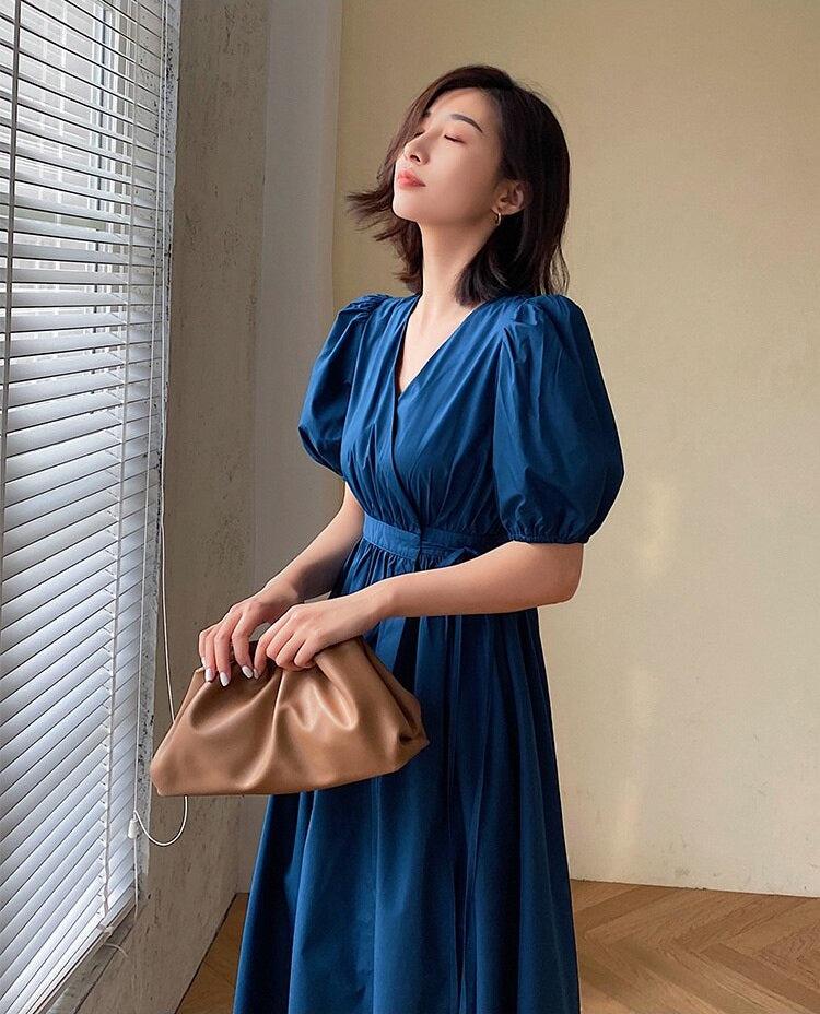Puff Sleeve Wrap Midi Dress - Litlookz Studio