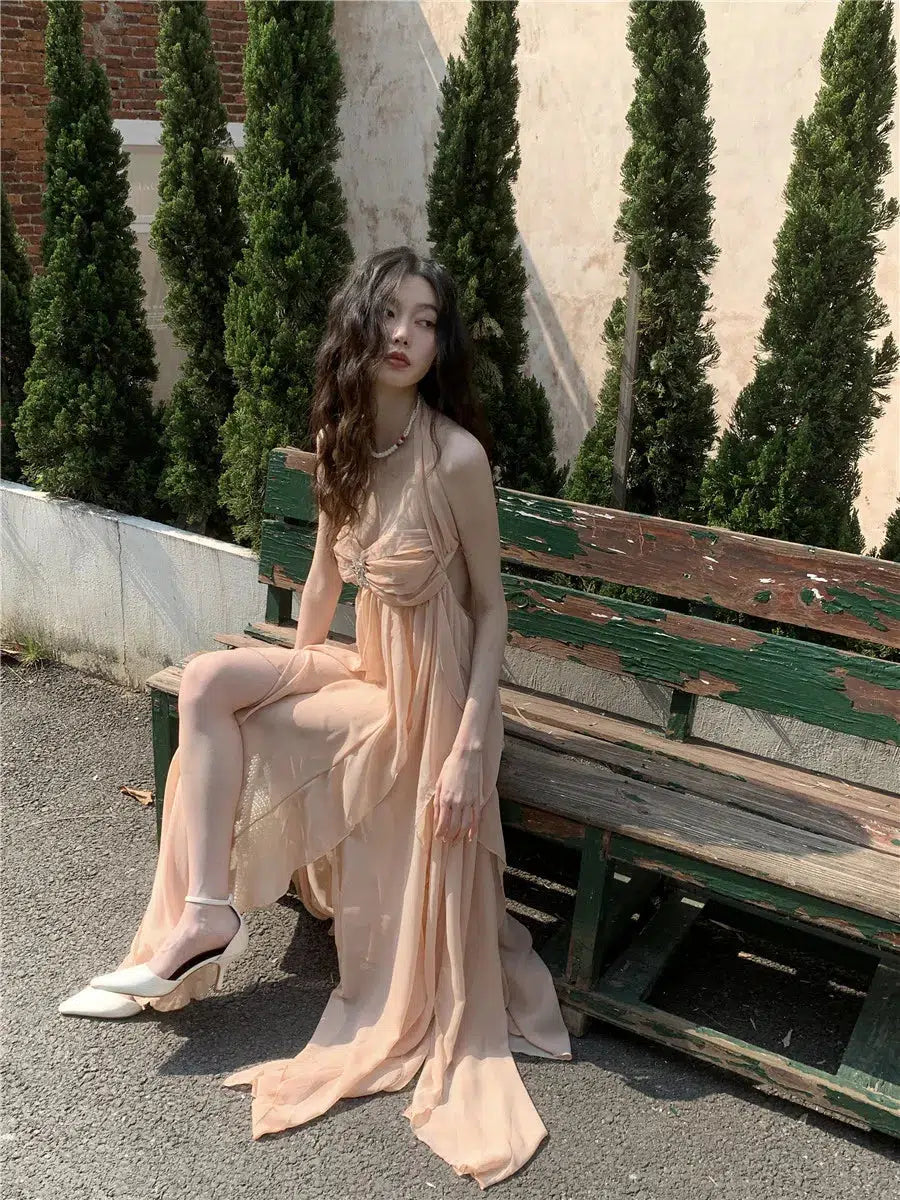 princess polly baby blue dress bacc Beige Halter Neck Backless Slit Maxi Length Knitwear Dress- Trendyol