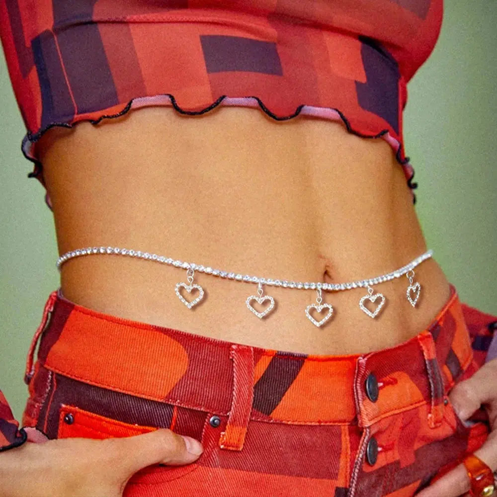 Rhinestone Belly Chain with Heart Pendant