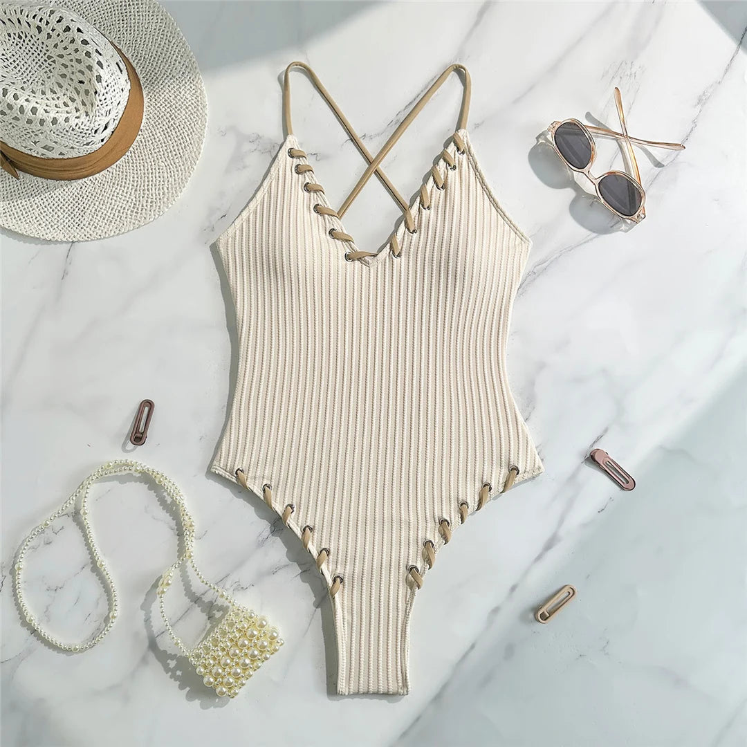 Ribbed Plunge One Piece Swimsuit