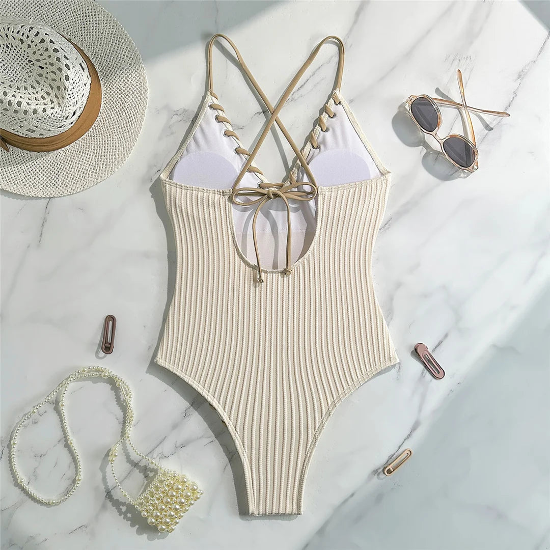 Ribbed Plunge One Piece Swimsuit
