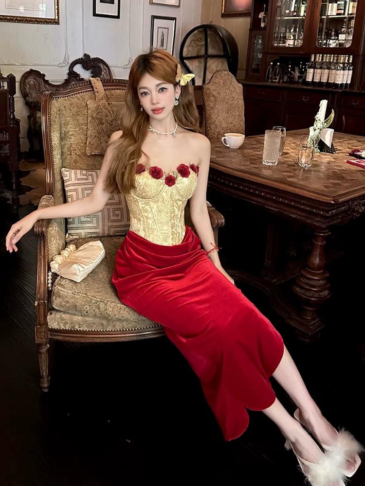 knee length dresses for ladies Rihoas Chiffon Midi Dress Sweetheart Neck Spaghetti Strap for Valentine's Date, Wedding Guest, Red / XL