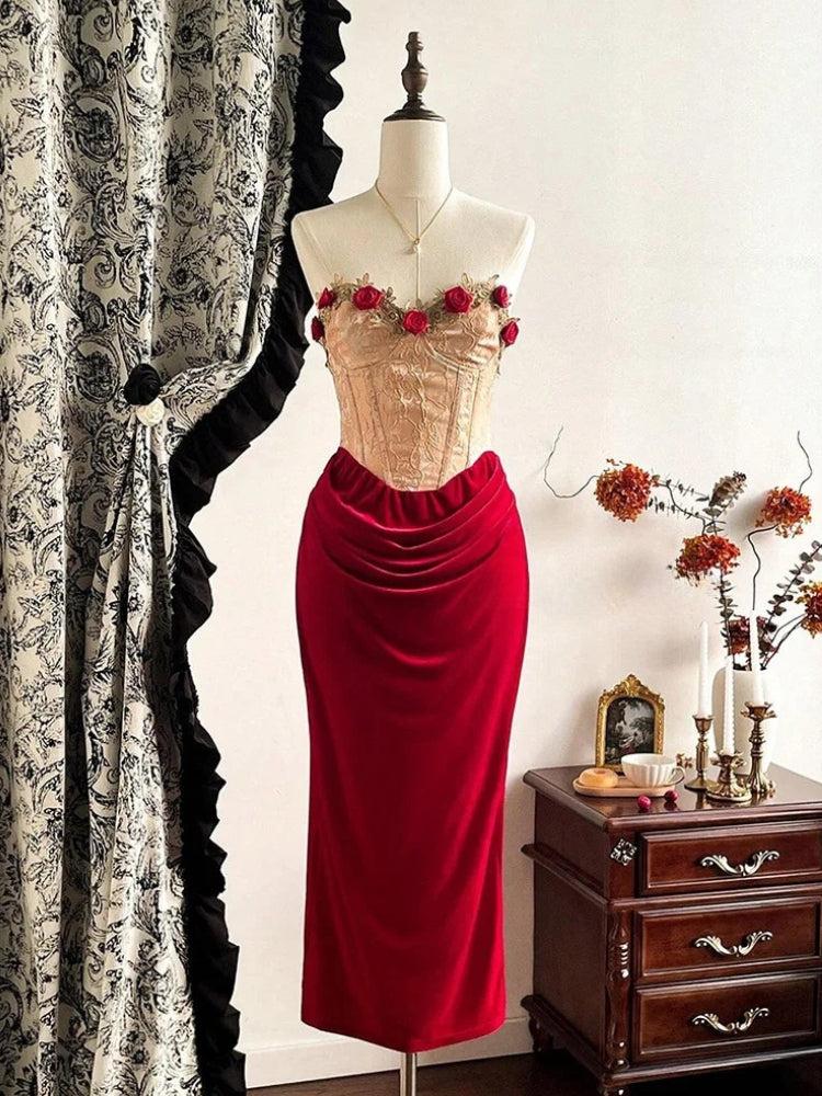 Rose Velvet Corset Midi Dress - Litlookz Studio Rose Velvet Corset Midi Dress - Litlookz Studio