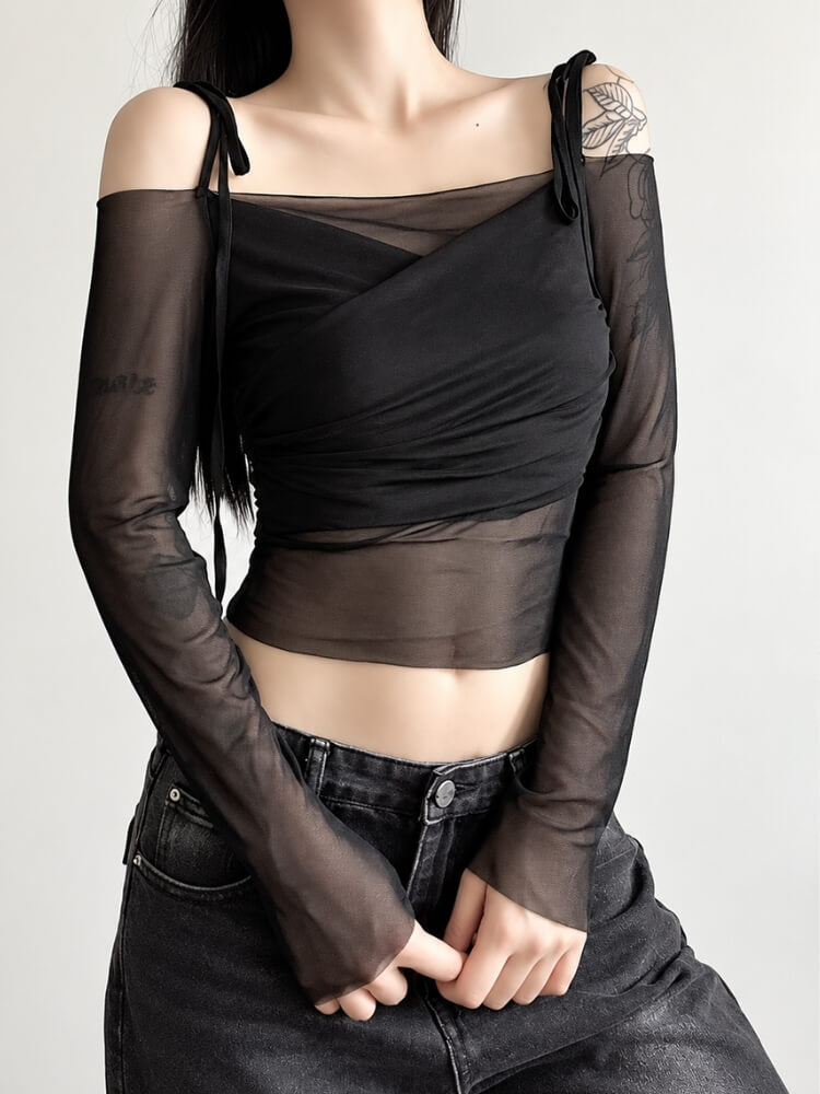 Ruched Drape Mesh Blouse