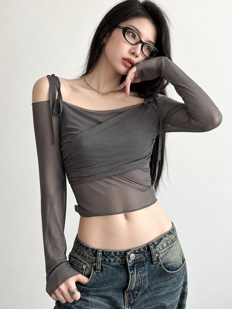 Ruched Drape Mesh Blouse