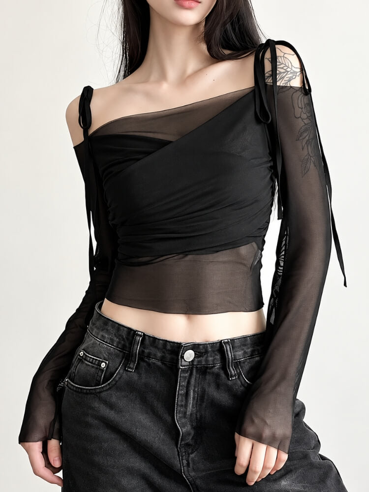 Ruched Drape Mesh Blouse