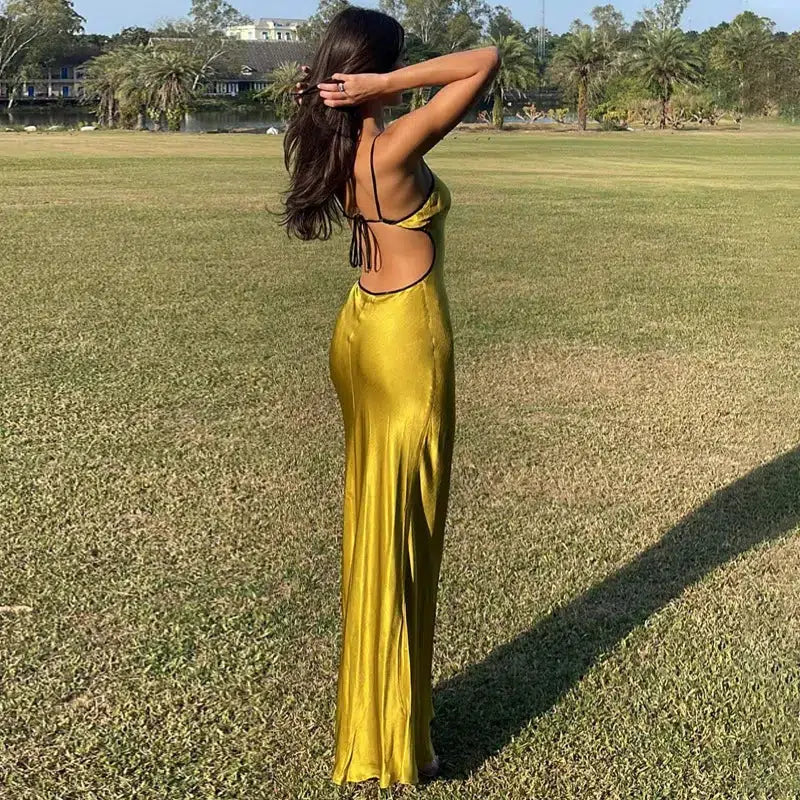 blue dress for baby girl Kairo Satin Backless Maxi Dress In Gold – Night Novas main image 1