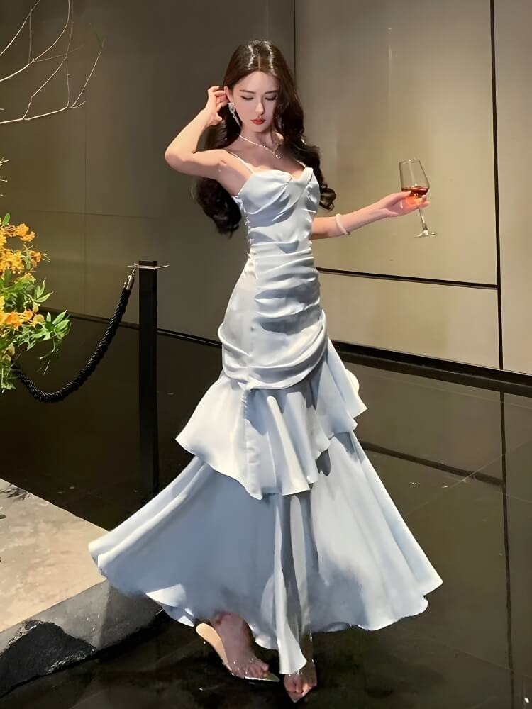 knee length dresses for ladies Pleated Satin Tiered Midi Dress S main image 0