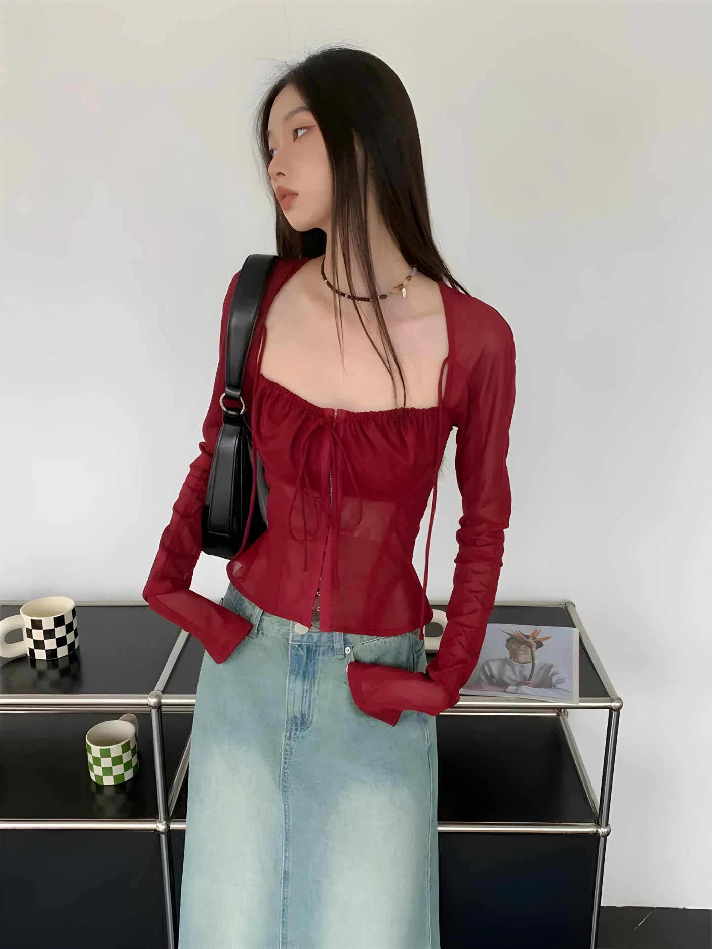 Sheer Ruched Lace Up Top