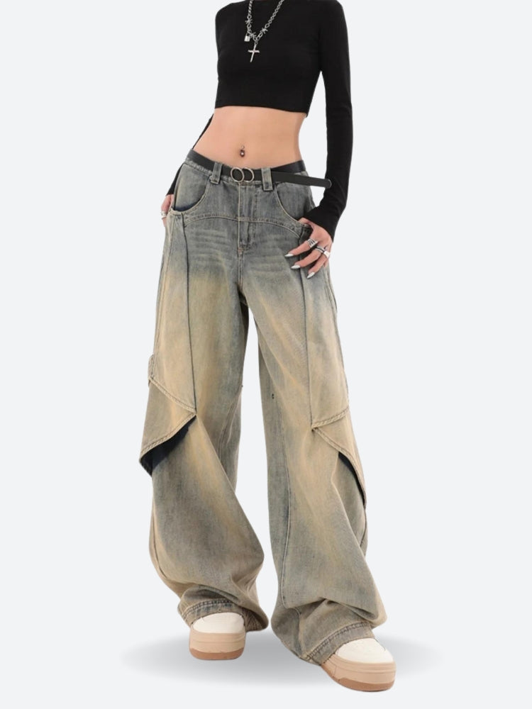 a girl is wearing skater layered denim jeans in blue for acubi fashion