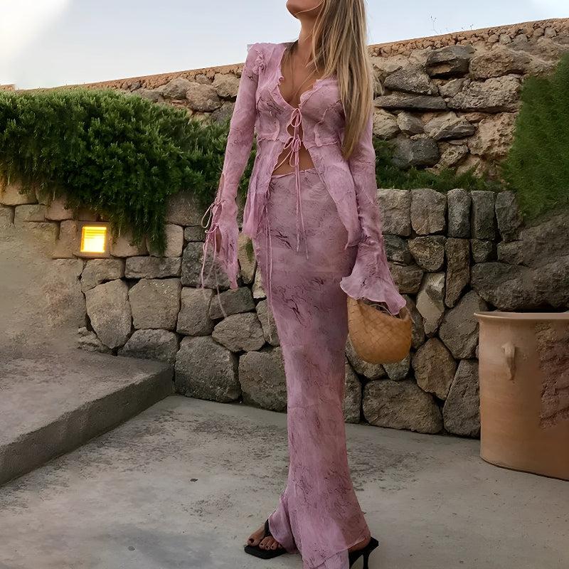 Snakeskin Blouse Maxi Skirt Two Piece Set Pink S