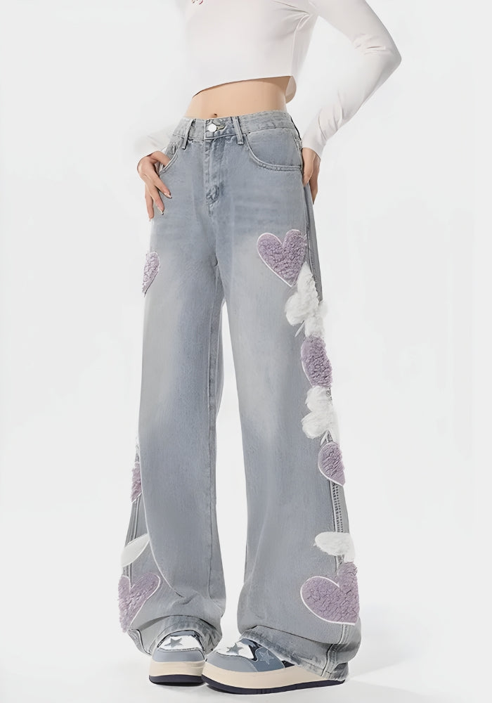 Soft Girl Fluffy Heart Butterfly Jeans