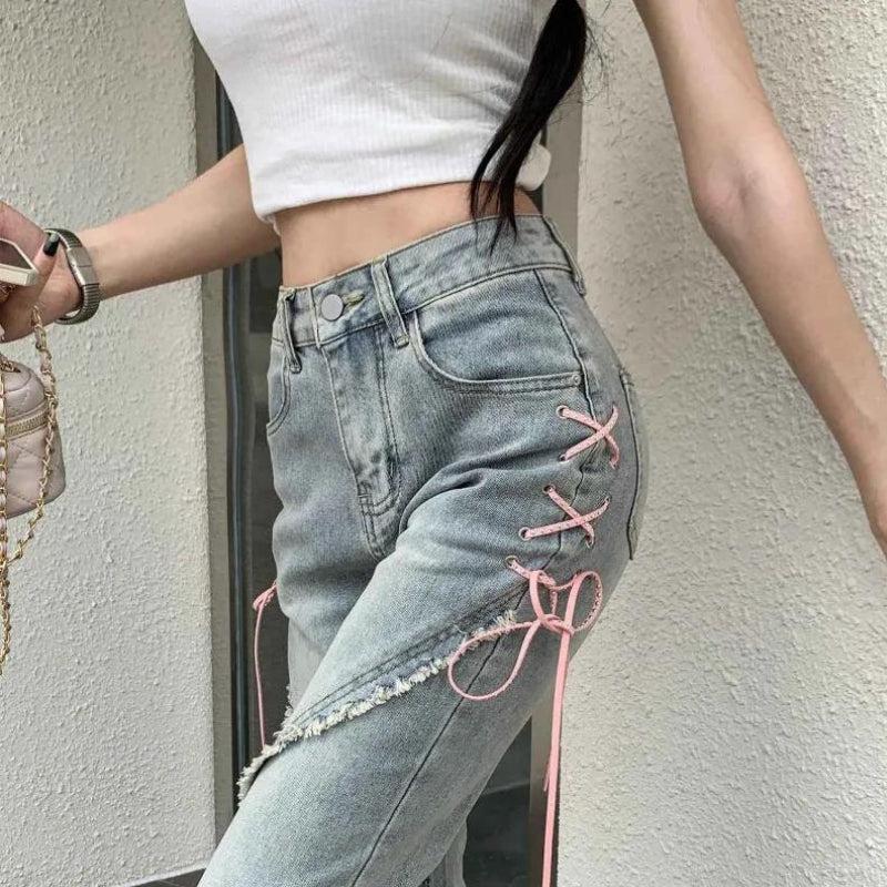 Soft Girl Lace Up Slit Flare Jeans - Litlookz Studio