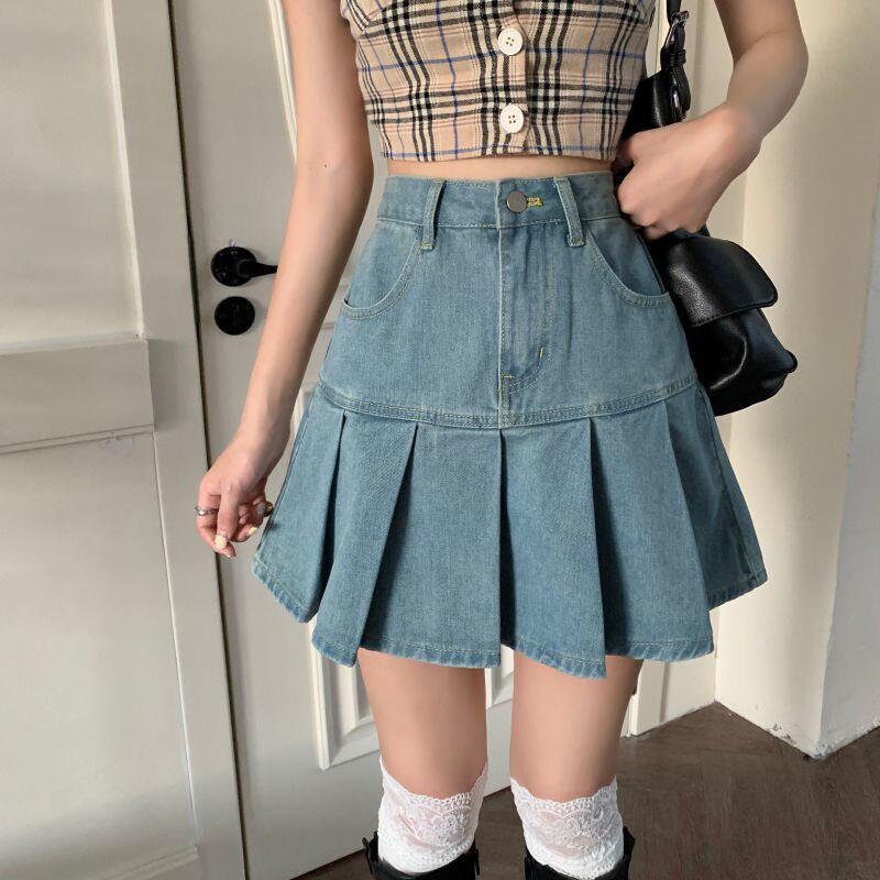 Soft Girl Pleated Denim Mini Skirt