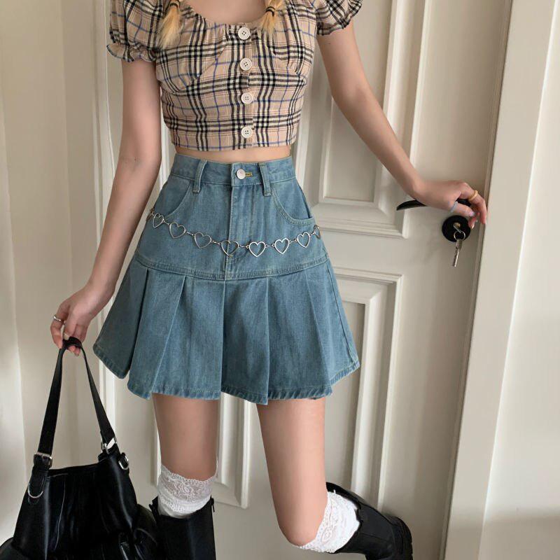 Soft Girl Pleated Denim Mini Skirt