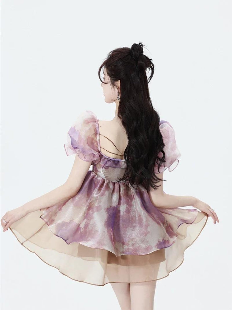 Soft Girl Puff Sleeve Layered Mini Dress