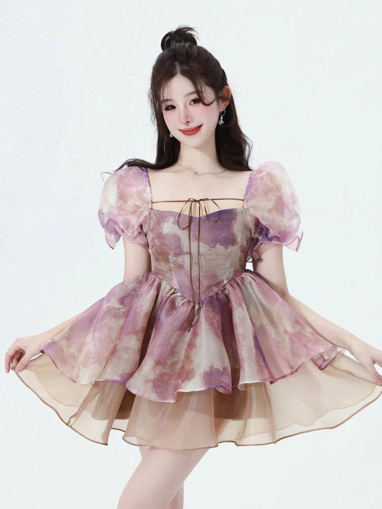 Soft Girl Puff Sleeve Layered Mini Dress