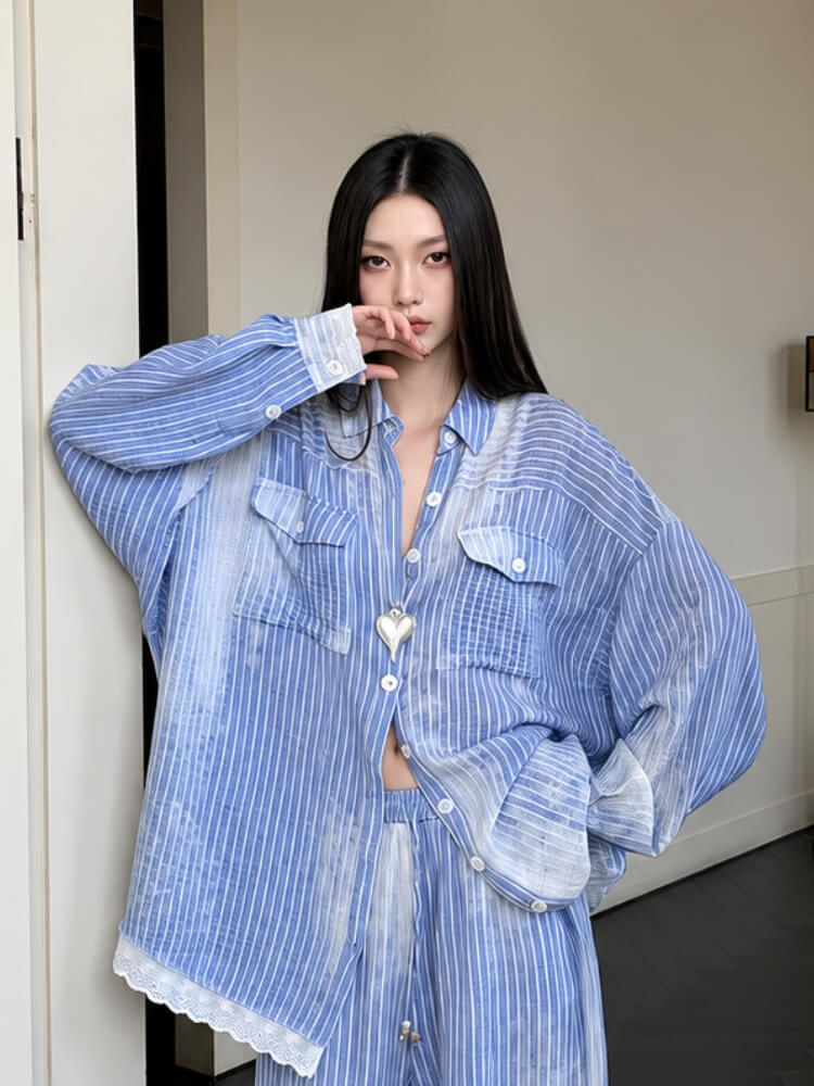 Striped Lace Trimmed Shirt